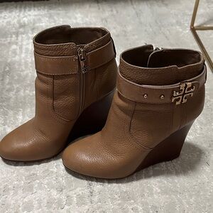 Tory Burch Brown Leather Wedge Ankle Boots